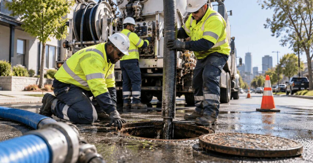 Sewer and water maintenance workers using a vacuum truck at a manhole