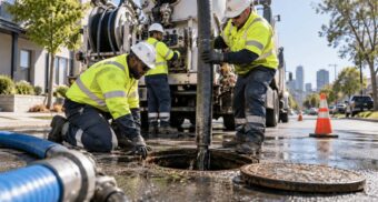Sewer and water maintenance workers using a vacuum truck at a manhole