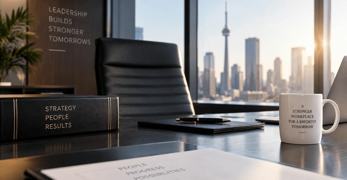 A CEO's slogan-filled office sits empty.