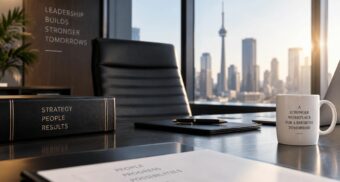 A CEO's slogan-filled office sits empty.
