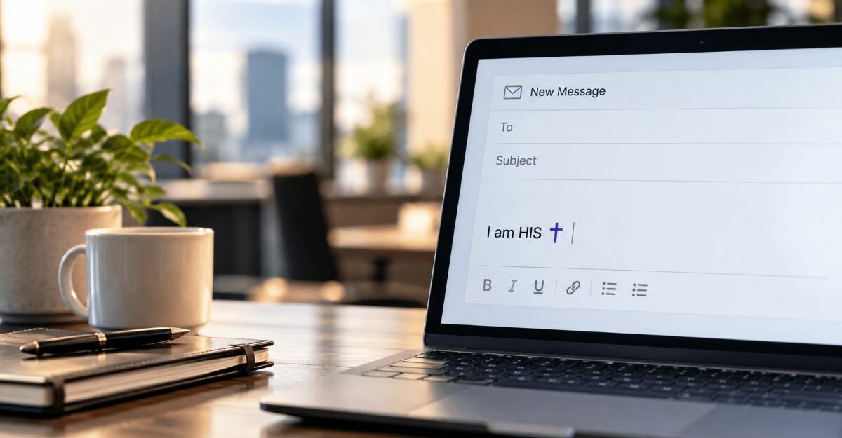 Laptop on an office desk displaying an email signature reading “I am HIS” beside a Christian cross.