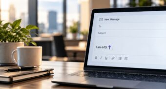 Laptop on an office desk displaying an email signature reading “I am HIS” beside a Christian cross.
