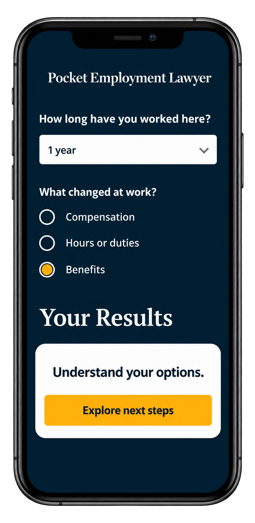 The Pocket Employment Lawyer tool is seen on a smartphone screen.